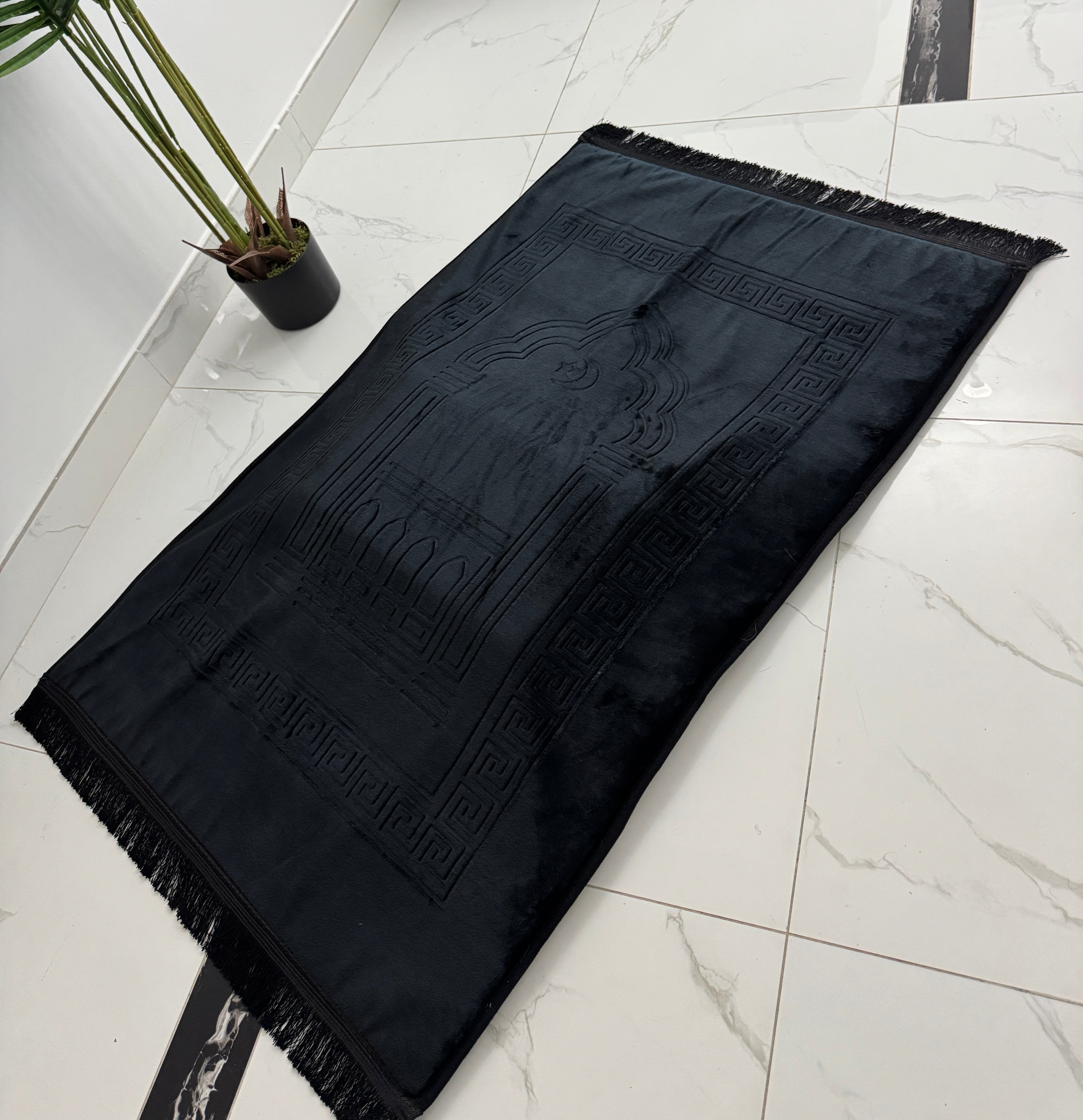 Raha Ergonomic Prayer Mat with Knee Support Cushion | Black Memory Foam Velvet Sajadah